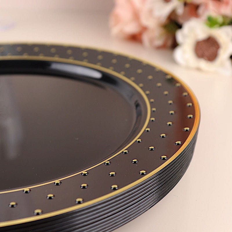 10 Black Round Plastic Salad and Dinner Plates with Gold 3D Dotted Rim - Disposable Tableware