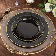 10 Black Round Plastic Salad and Dinner Plates with Gold 3D Dotted Rim - Disposable Tableware