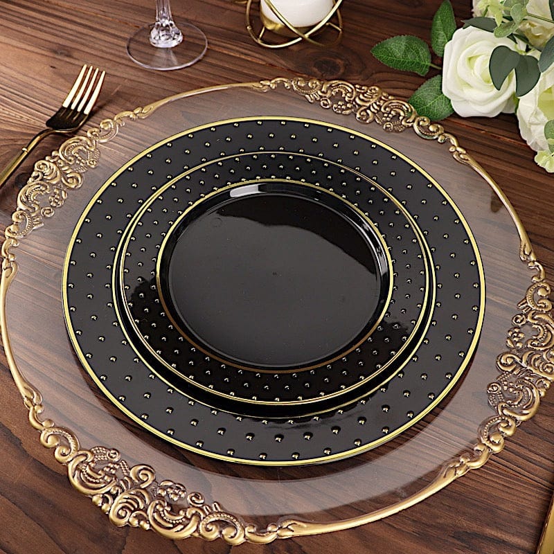 10 Black Round Plastic Salad and Dinner Plates with Gold 3D Dotted Rim - Disposable Tableware