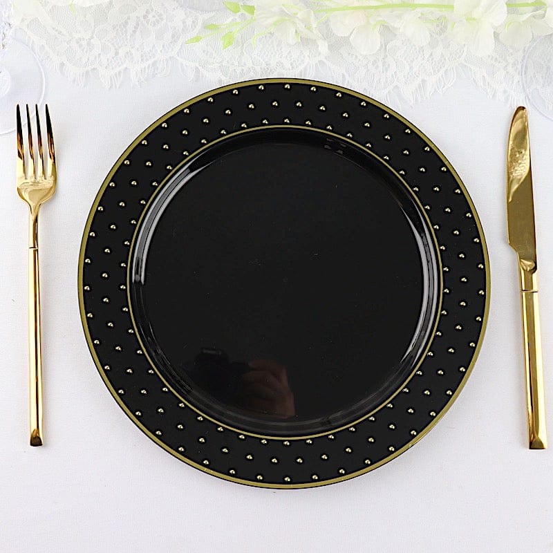 10 Black Round Plastic Salad and Dinner Plates with Gold 3D Dotted Rim - Disposable Tableware