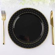 10 Black Round Plastic Salad and Dinner Plates with Gold 3D Dotted Rim - Disposable Tableware