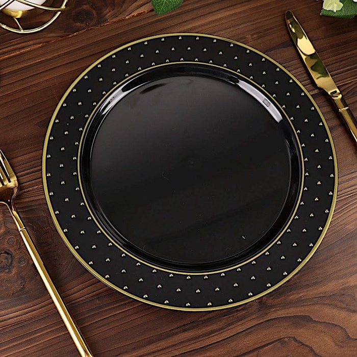 10 Black Round Plastic Salad and Dinner Plates with Gold 3D Dotted Rim - Disposable Tableware