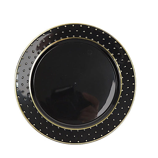 10 Black Round Plastic Salad and Dinner Plates with Gold 3D Dotted Rim - Disposable Tableware DSP_PLR0017_7_BKGD
