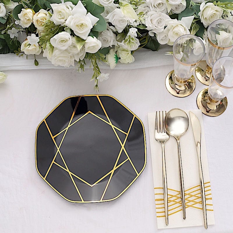 10 Octagon Plastic Salad and Dinner Plates with Gold Geometric Design - Disposable Tableware