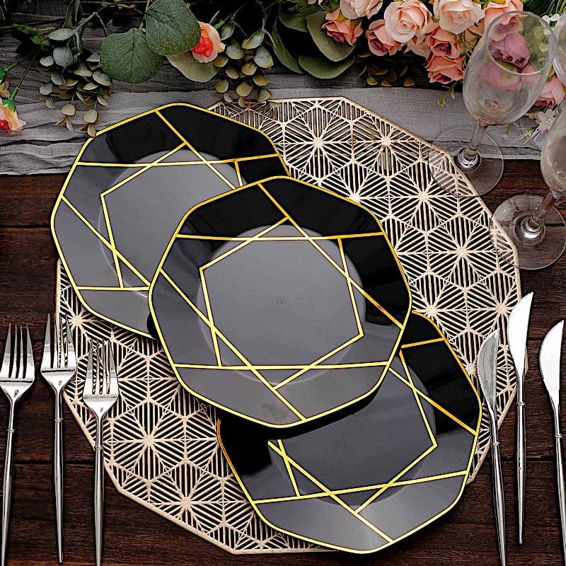 10 Octagon Plastic Salad and Dinner Plates with Gold Geometric Design - Disposable Tableware
