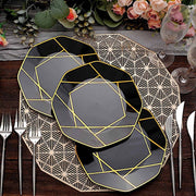 10 Octagon Plastic Salad and Dinner Plates with Gold Geometric Design - Disposable Tableware