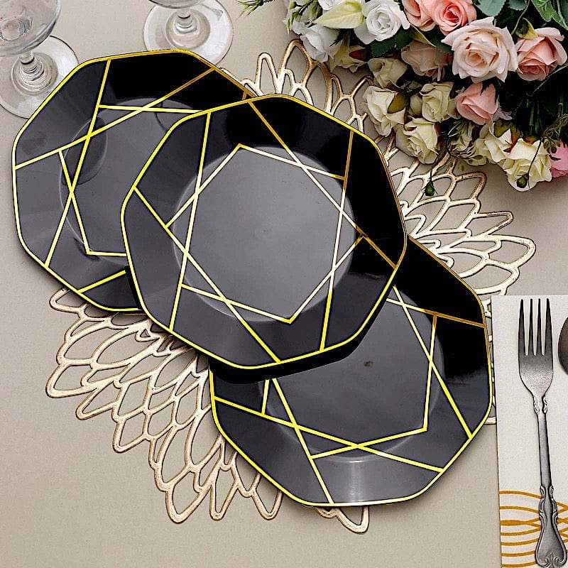 10 Octagon Plastic Salad and Dinner Plates with Gold Geometric Design - Disposable Tableware