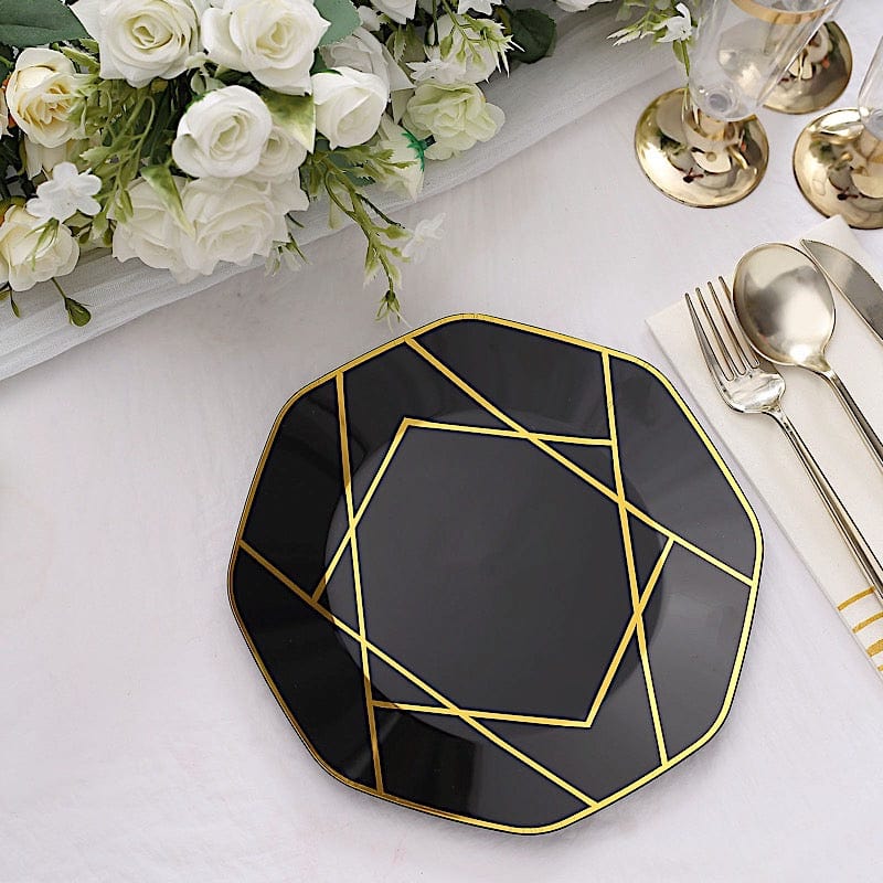 10 Octagon Plastic Salad and Dinner Plates with Gold Geometric Design - Disposable Tableware