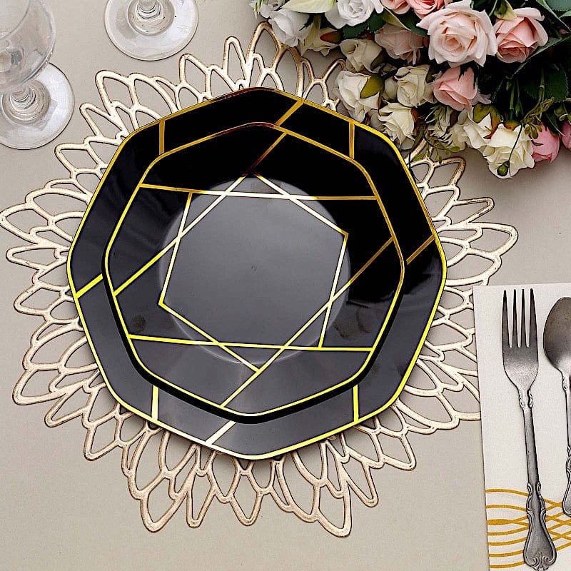 10 Octagon Plastic Salad and Dinner Plates with Gold Geometric Design - Disposable Tableware