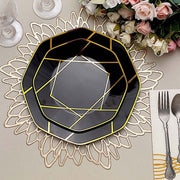 10 Octagon Plastic Salad and Dinner Plates with Gold Geometric Design - Disposable Tableware