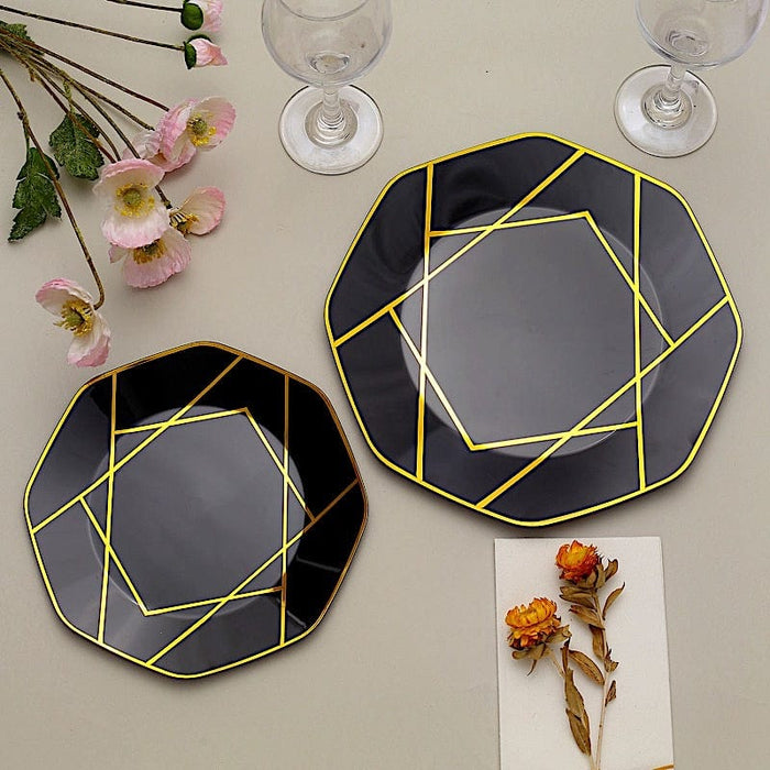 10 Octagon Plastic Salad and Dinner Plates with Gold Geometric Design - Disposable Tableware