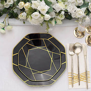 10 Octagon Plastic Salad and Dinner Plates with Gold Geometric Design - Disposable Tableware