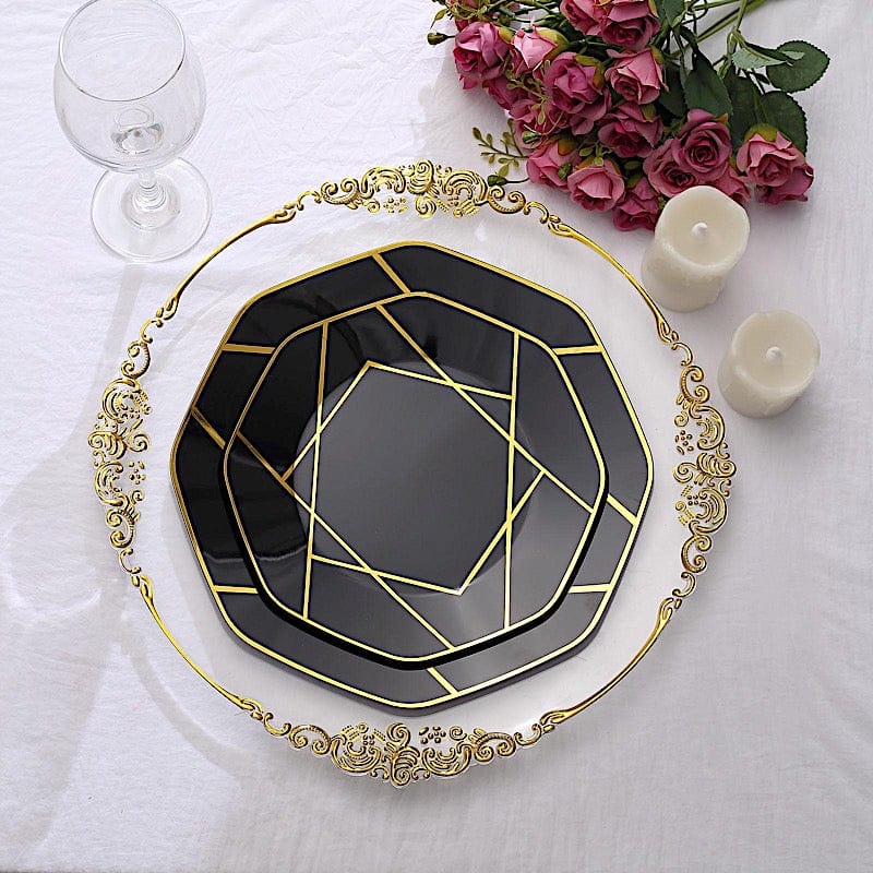 10 Octagon Plastic Salad and Dinner Plates with Gold Geometric Design - Disposable Tableware