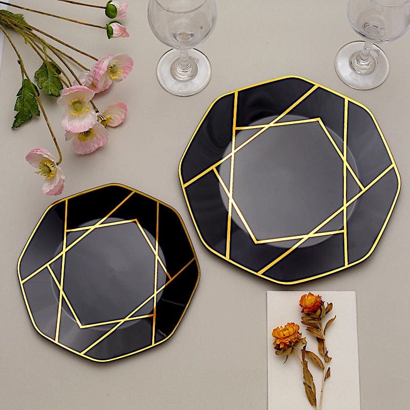 10 Octagon Plastic Salad and Dinner Plates with Gold Geometric Design - Disposable Tableware