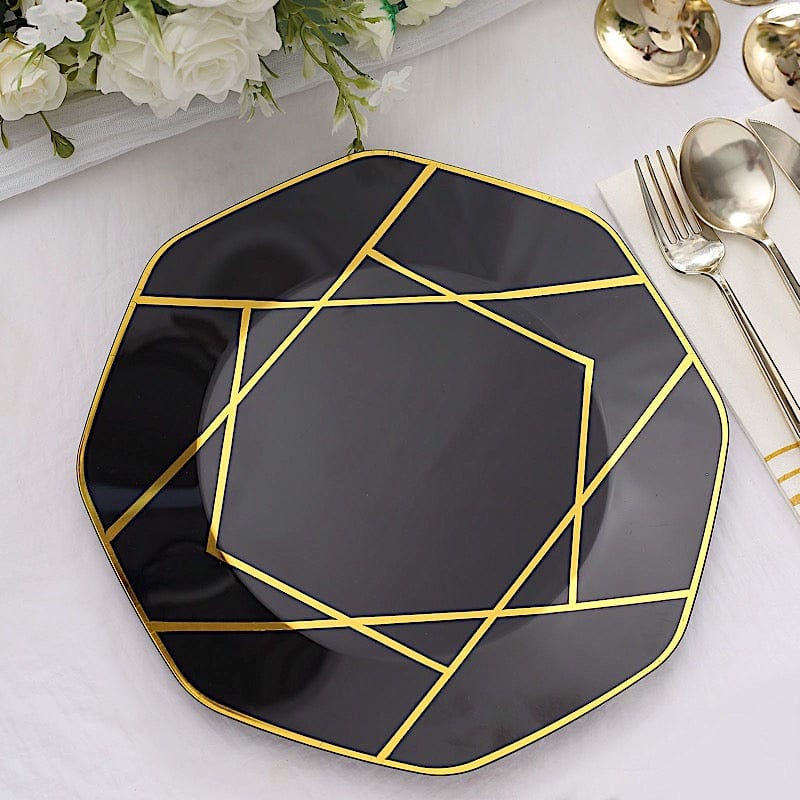 10 Octagon Plastic Salad and Dinner Plates with Gold Geometric Design - Disposable Tableware