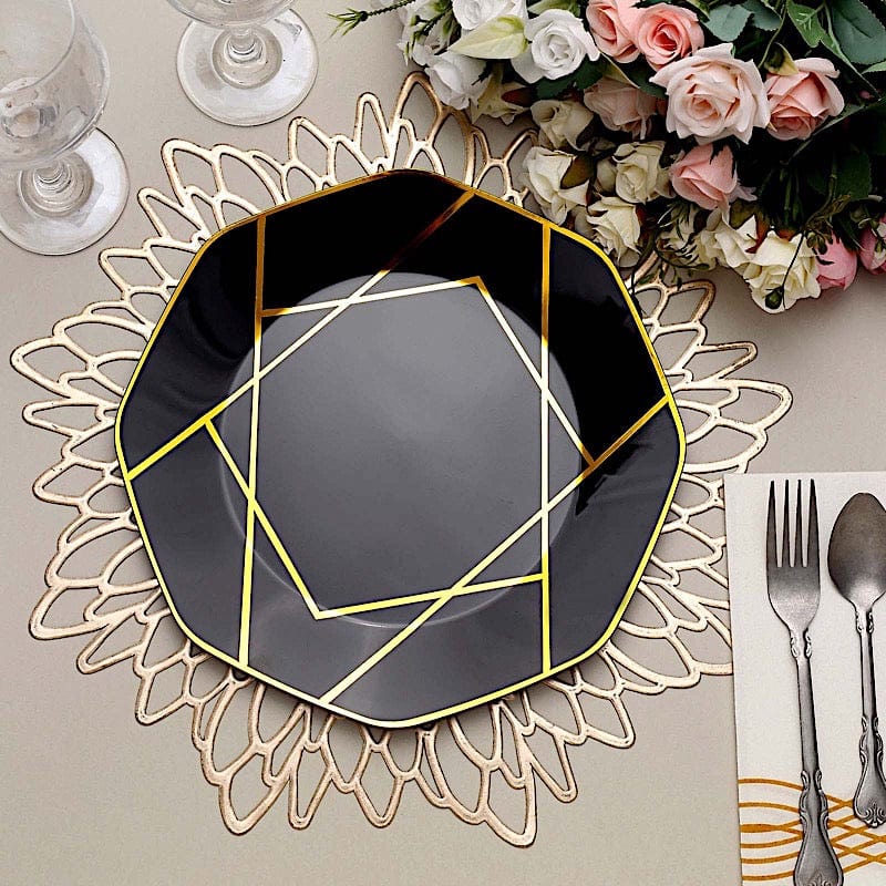 10 Octagon Plastic Salad and Dinner Plates with Gold Geometric Design - Disposable Tableware