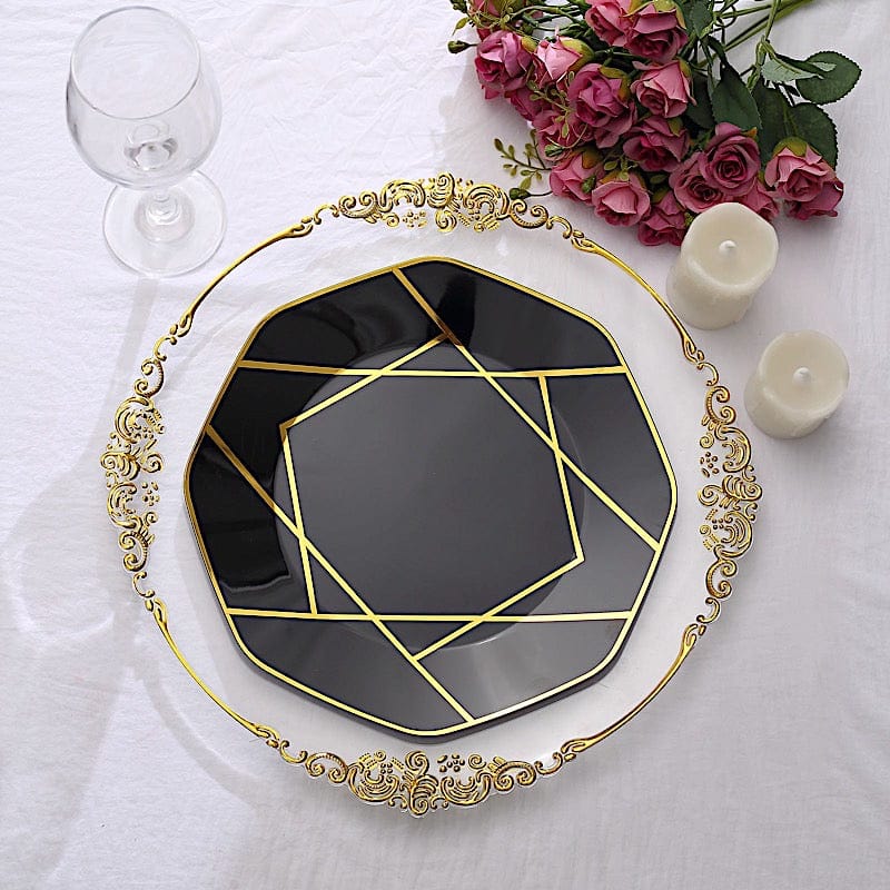 10 Octagon Plastic Salad and Dinner Plates with Gold Geometric Design - Disposable Tableware