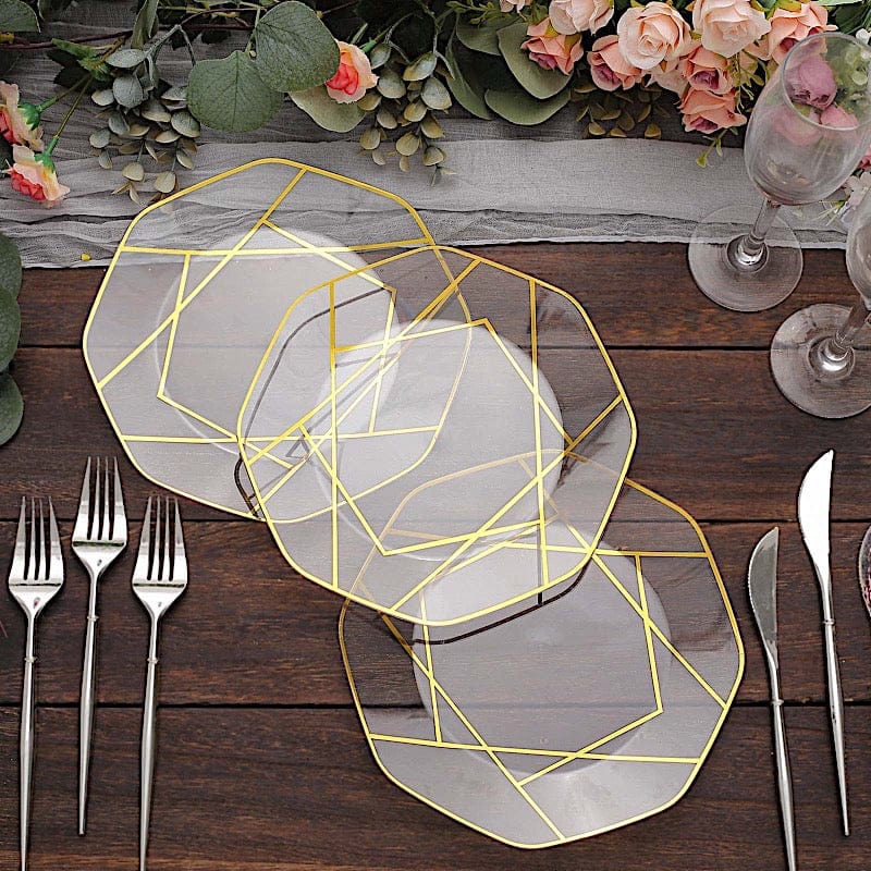 10 Octagon Plastic Salad and Dinner Plates with Gold Geometric Design - Disposable Tableware