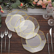10 Octagon Plastic Salad and Dinner Plates with Gold Geometric Design - Disposable Tableware