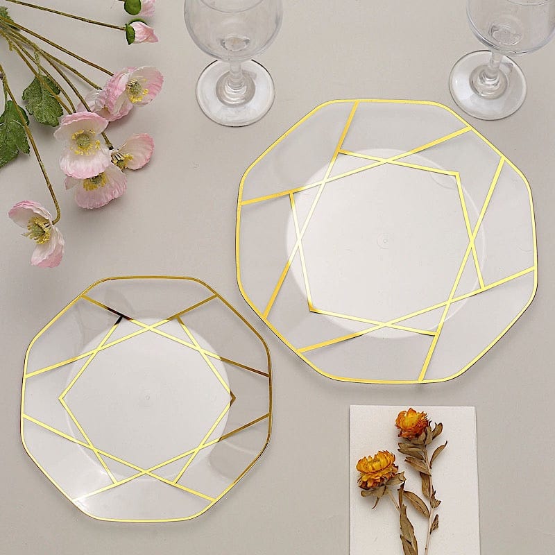 10 Octagon Plastic Salad and Dinner Plates with Gold Geometric Design - Disposable Tableware