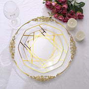 10 Octagon Plastic Salad and Dinner Plates with Gold Geometric Design - Disposable Tableware