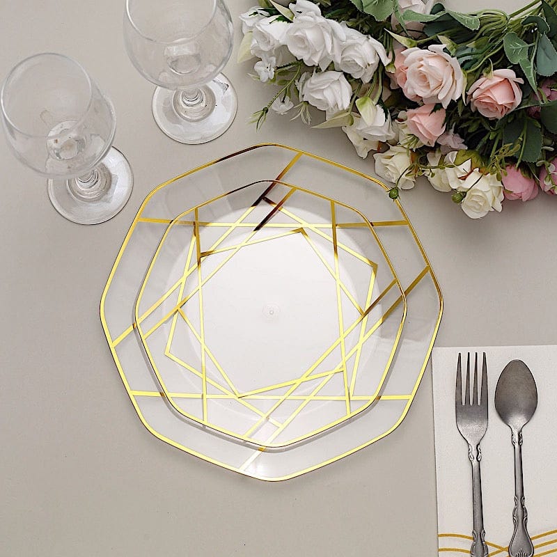 10 Octagon Plastic Salad and Dinner Plates with Gold Geometric Design - Disposable Tableware