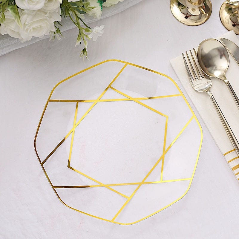 10 Octagon Plastic Salad and Dinner Plates with Gold Geometric Design - Disposable Tableware