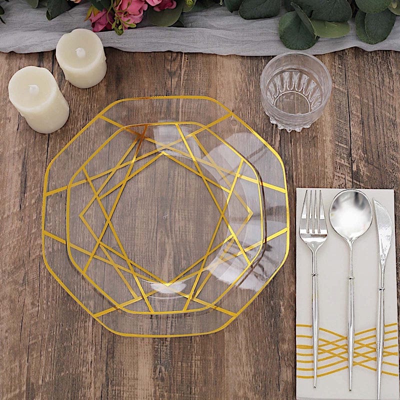 10 Octagon Plastic Salad and Dinner Plates with Gold Geometric Design - Disposable Tableware
