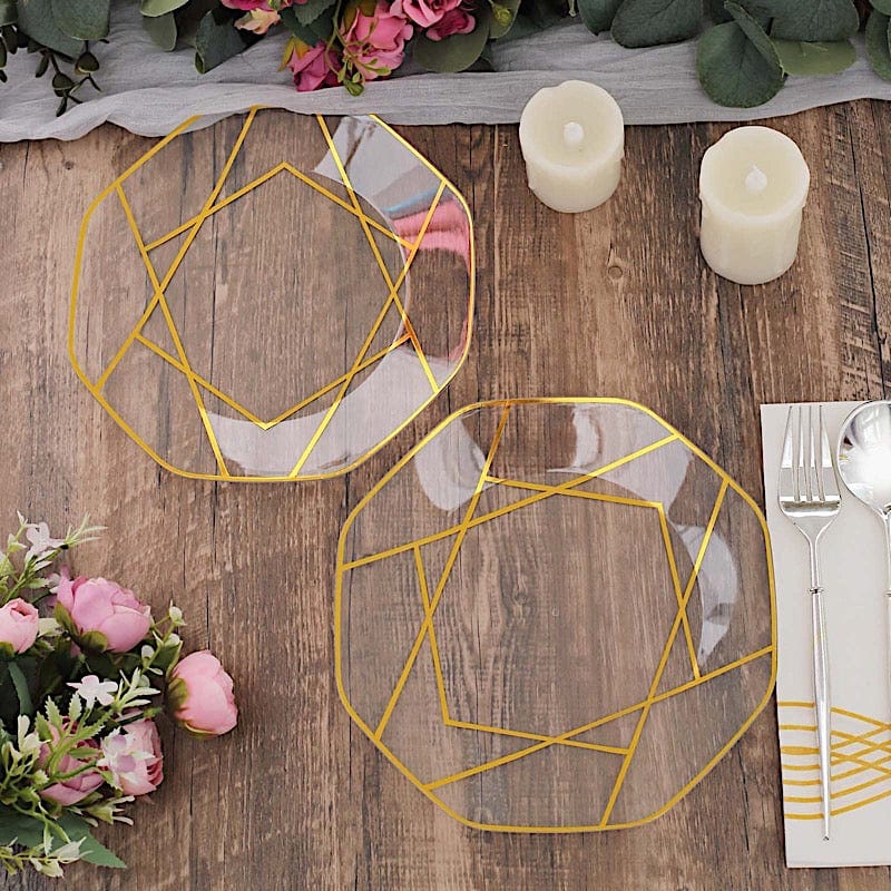 10 Octagon Plastic Salad and Dinner Plates with Gold Geometric Design - Disposable Tableware