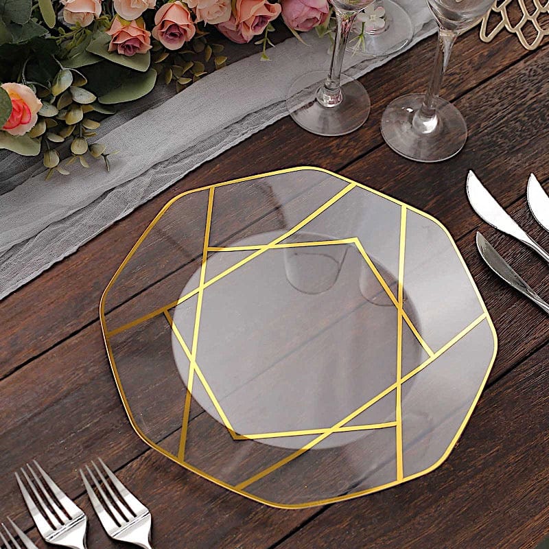 10 Octagon Plastic Salad and Dinner Plates with Gold Geometric Design - Disposable Tableware