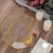10 Octagon Plastic Salad and Dinner Plates with Gold Geometric Design - Disposable Tableware