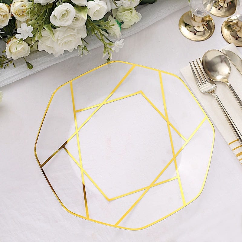10 Octagon Plastic Salad and Dinner Plates with Gold Geometric Design - Disposable Tableware