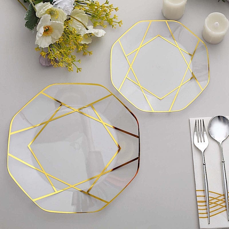 10 Octagon Plastic Salad and Dinner Plates with Gold Geometric Design - Disposable Tableware