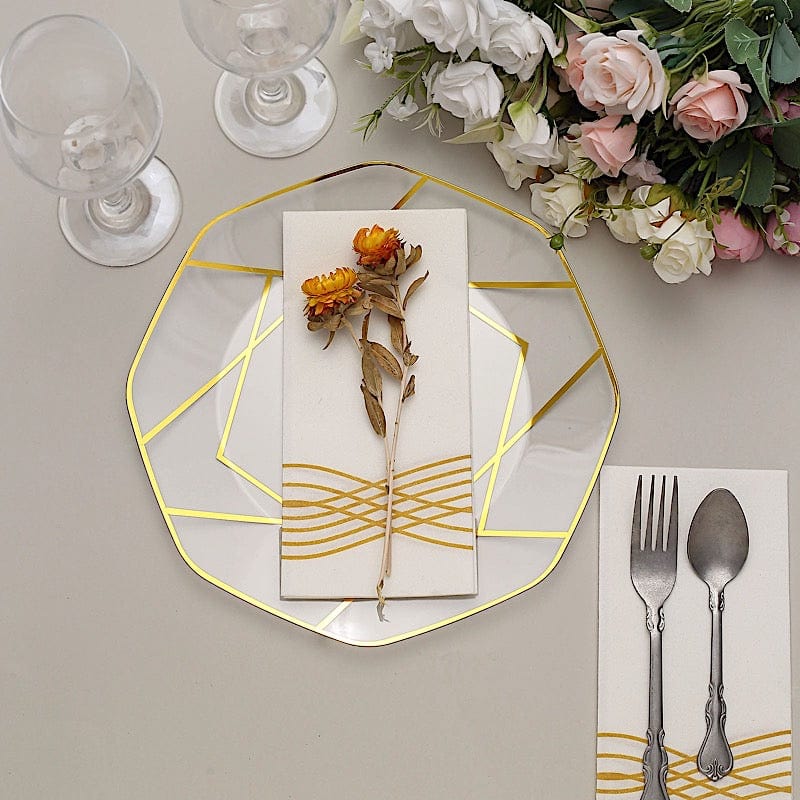 10 Octagon Plastic Salad and Dinner Plates with Gold Geometric Design - Disposable Tableware