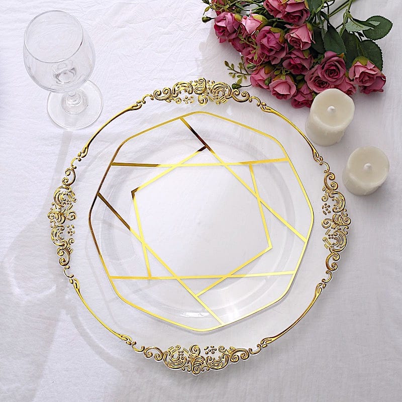10 Octagon Plastic Salad and Dinner Plates with Gold Geometric Design - Disposable Tableware