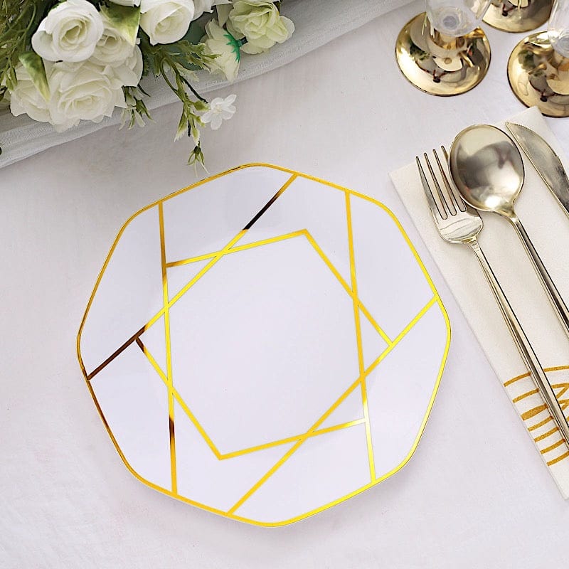 10 Octagon Plastic Salad and Dinner Plates with Gold Geometric Design - Disposable Tableware