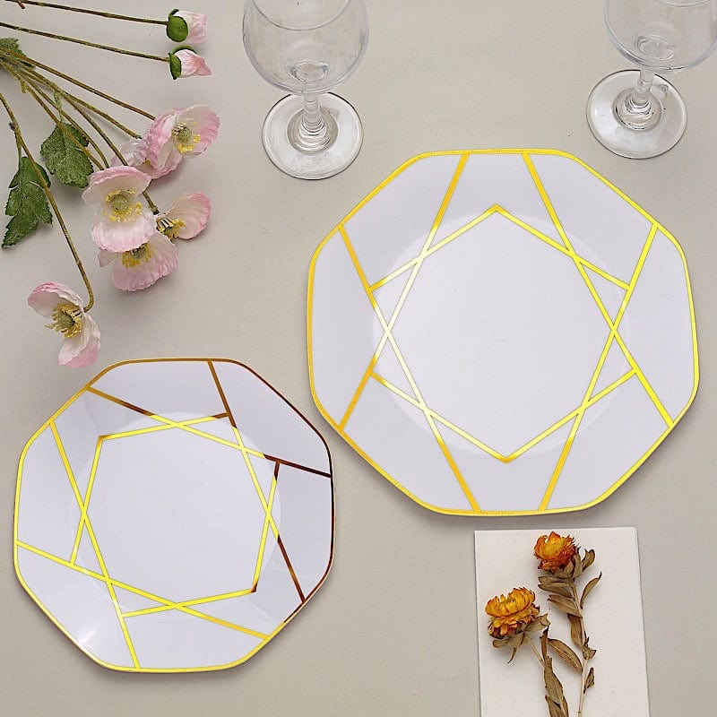 10 Octagon Plastic Salad and Dinner Plates with Gold Geometric Design - Disposable Tableware