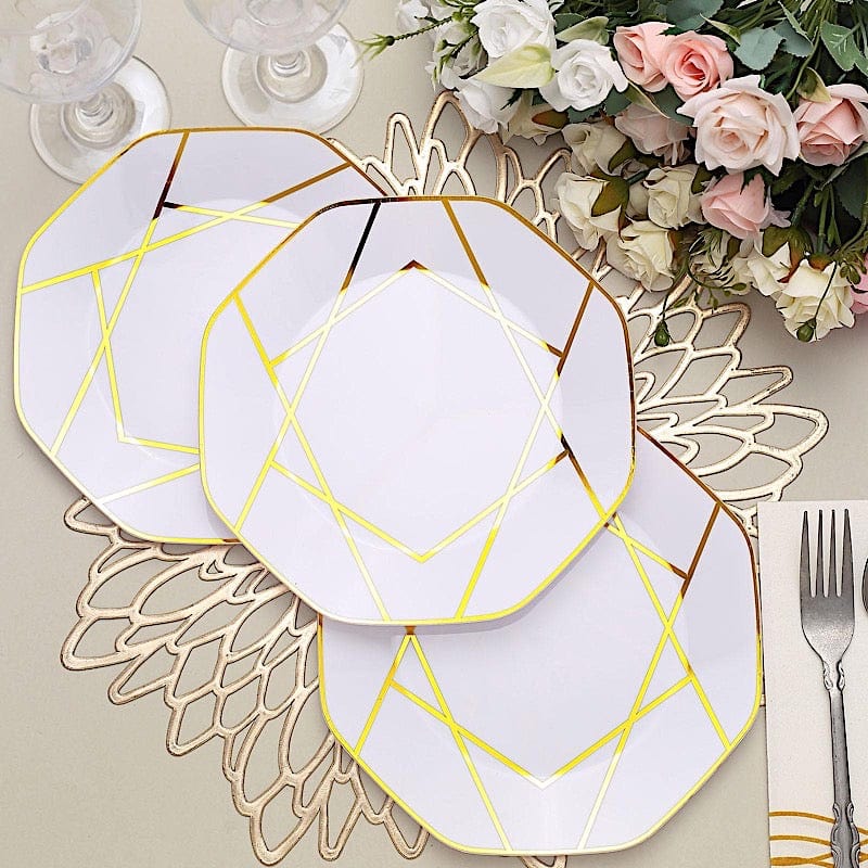 10 Octagon Plastic Salad and Dinner Plates with Gold Geometric Design - Disposable Tableware