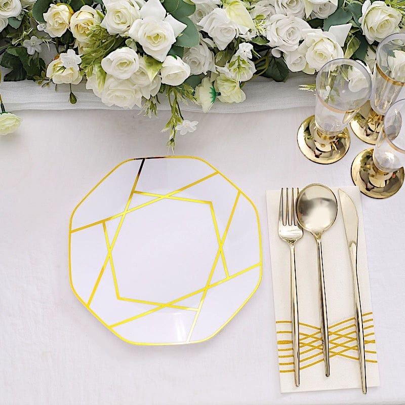 10 Octagon Plastic Salad and Dinner Plates with Gold Geometric Design - Disposable Tableware