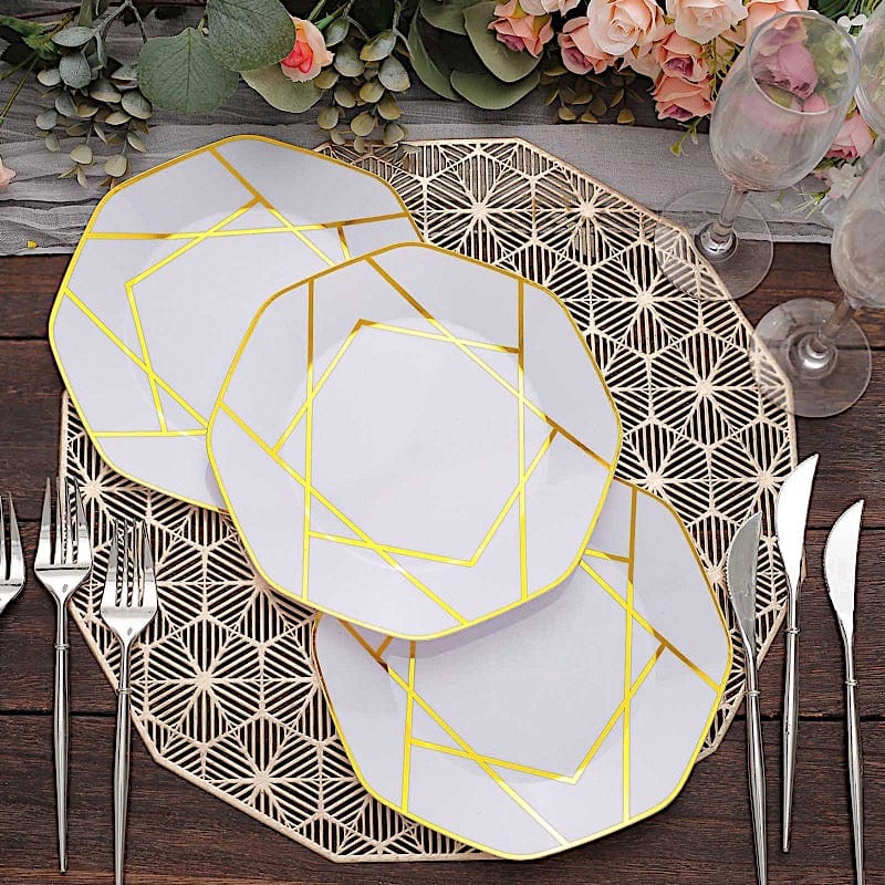 10 Octagon Plastic Salad and Dinner Plates with Gold Geometric Design - Disposable Tableware