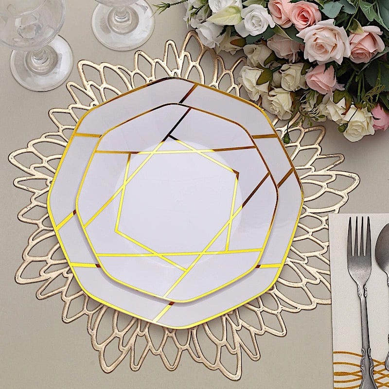 10 Octagon Plastic Salad and Dinner Plates with Gold Geometric Design - Disposable Tableware