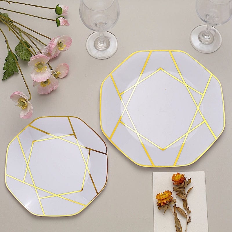 10 Octagon Plastic Salad and Dinner Plates with Gold Geometric Design - Disposable Tableware