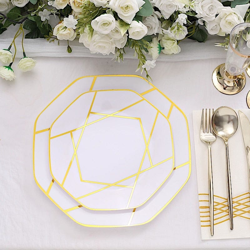 10 Octagon Plastic Salad and Dinner Plates with Gold Geometric Design - Disposable Tableware
