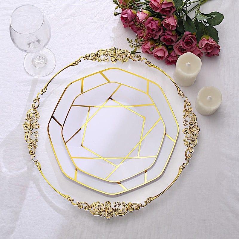 10 Octagon Plastic Salad and Dinner Plates with Gold Geometric Design - Disposable Tableware