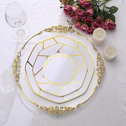 10 Octagon Plastic Salad and Dinner Plates with Gold Geometric Design - Disposable Tableware
