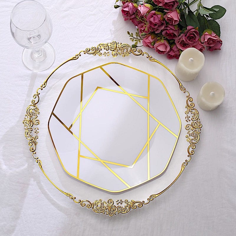 10 Octagon Plastic Salad and Dinner Plates with Gold Geometric Design - Disposable Tableware