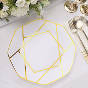 10 Octagon Plastic Salad and Dinner Plates with Gold Geometric Design - Disposable Tableware