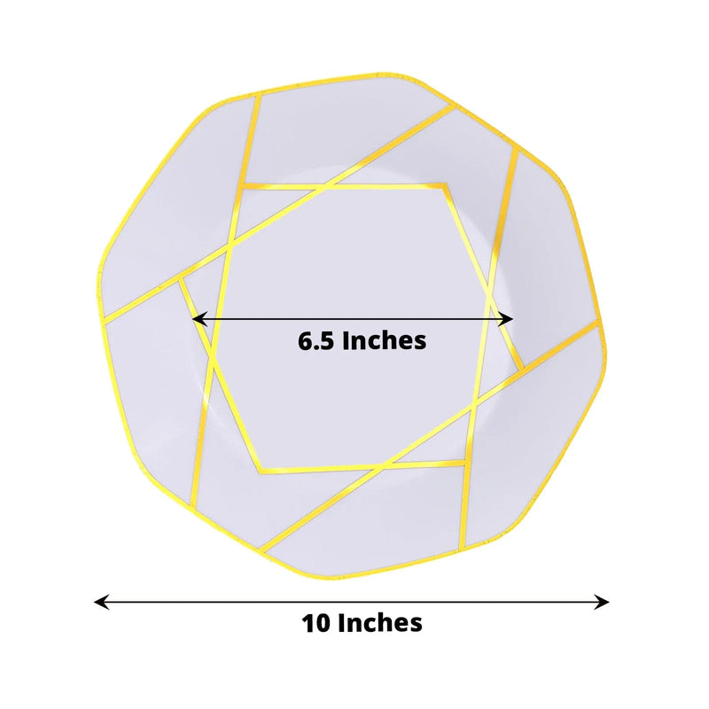 10 Octagon Plastic Salad and Dinner Plates with Gold Geometric Design - Disposable Tableware