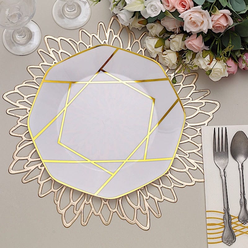 10 Octagon Plastic Salad and Dinner Plates with Gold Geometric Design - Disposable Tableware