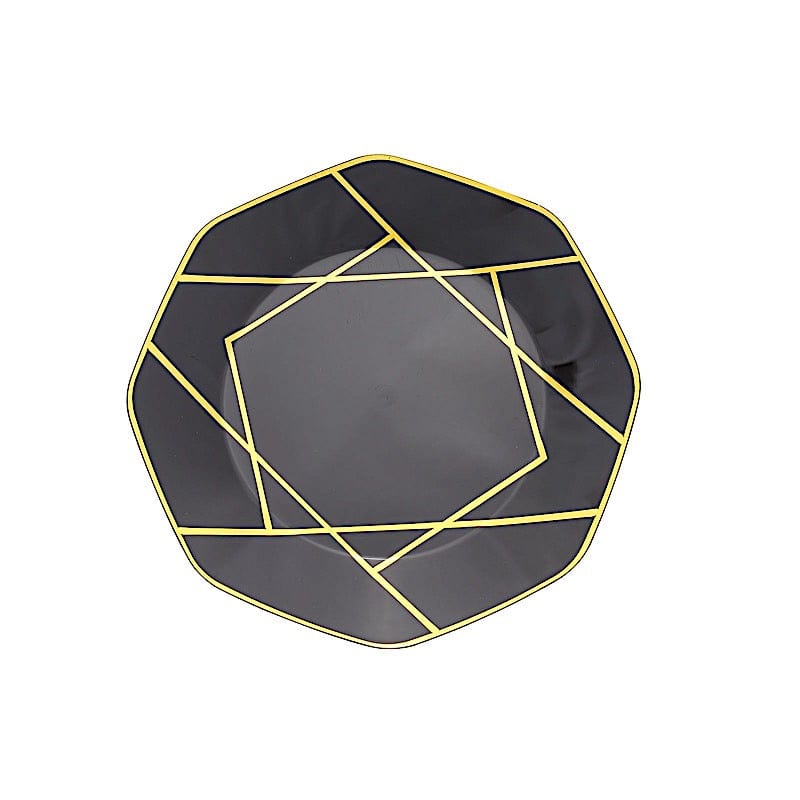 10 Octagon Plastic Salad and Dinner Plates with Gold Geometric Design - Disposable Tableware DSP_PLGO0001_10_BKGD